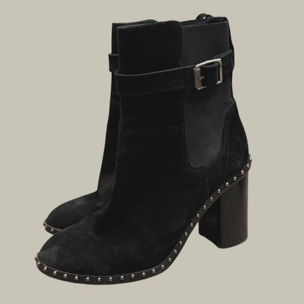 Rag & Bone Romi Black Suede Studded Belted Block Heel Ankle Boots 6.5 Moto Biker
